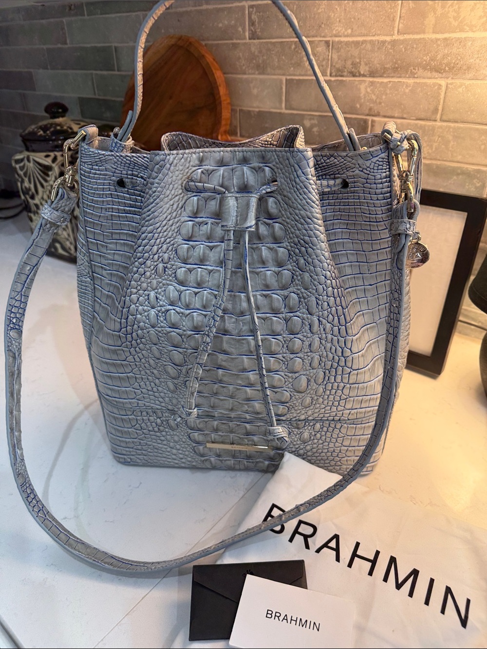Brahmin Melbourne Marlowe Embossed Leather Bucket Bag Metallic Crème w/ Blue